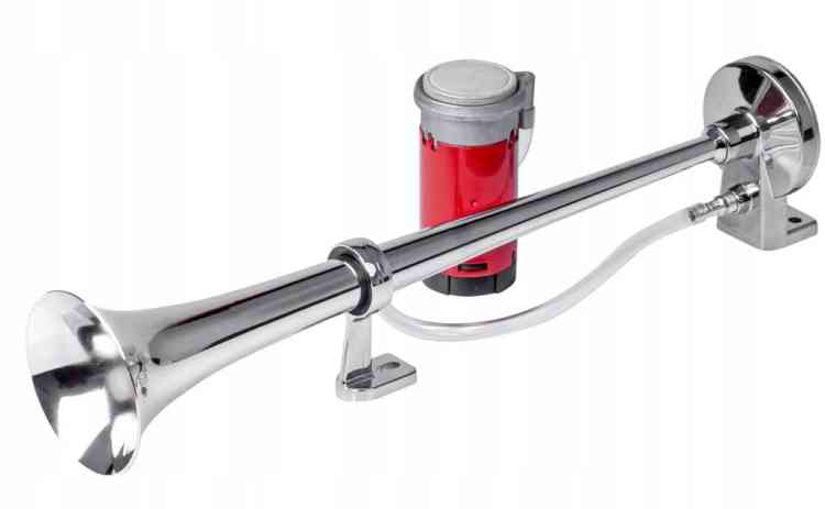 SYGNAŁ KLAKSON TRĄBKA FANFARA CHROM Z KOMPRESOREM BARDZO GŁOŚNY 12V 44cm
