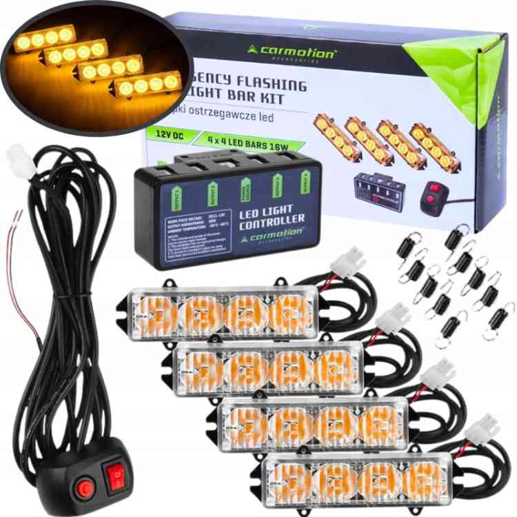 4x STROBOSKOPOWA LAMPA LED POMARAŃCZOWA POMOC LAWETA 12-24V KOGUT Z PILOTEM